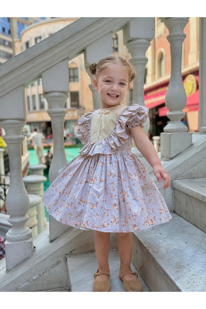 Defne Cappuccino Floral Vintage Baby Girl Dress, Birthday Dress, Photo Shoot Dress, Suitable for 0-7 Years
