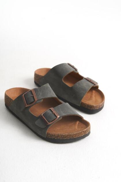 Khaki Unisex Slippers Double Buckle Cork Sole Daily Comfortable Slippers
