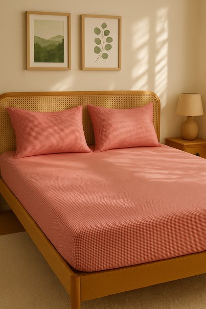 Double Size Gingham Elastic Sheet Set 3 Pieces 100% Natural Cotton