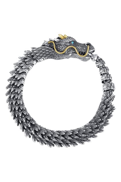 Bratara barbateasca din otel inoxidabil, model Vintage Viking Punk in forma de dragon, placat cu arg