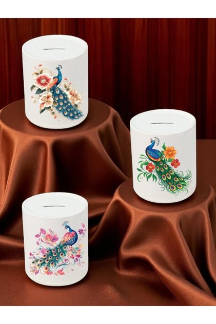 Peacock and Flower Pattern Printed 3-Piece Ceramic Piggy Bank
