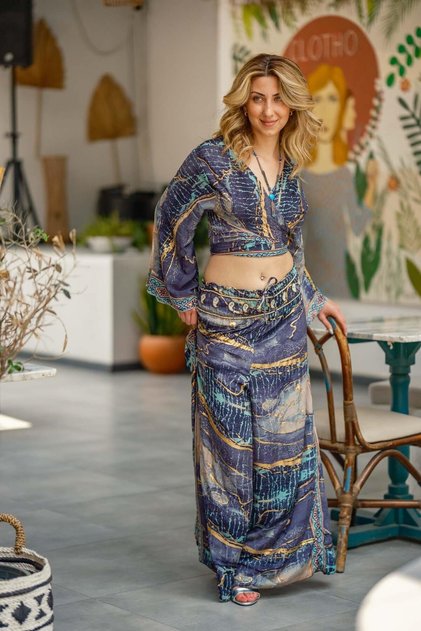 Turquoise Color Waist Embroidered Gold Detailed Trousers Blouse Set