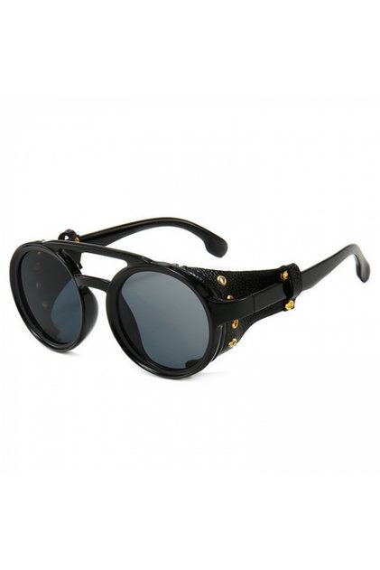 Ochelari de soare rotunzi Steampunk, unisex, stil retro cu panouri laterale din piele naturală, protecție UV400,