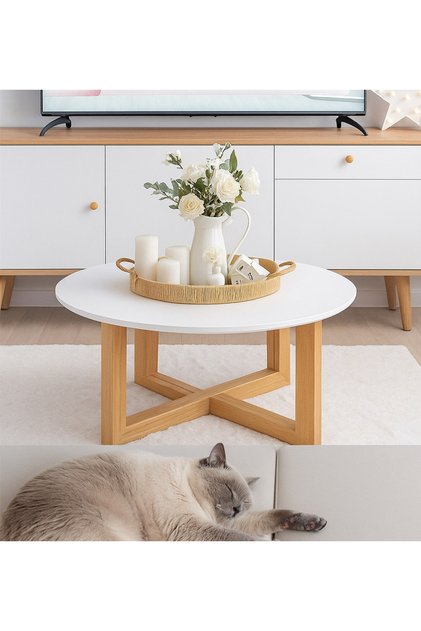 Ahşap Ayaklı Beyaz MDF Yuvarlak Sehpa | 70 cm Modern Orta Sehpa