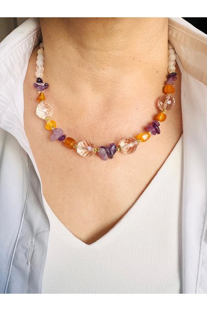 Amethyst and Quartz Natural Stone Necklace 45 cm