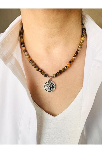 Cheetah Eye Natural Stone Tree of Life Necklace 45 cm