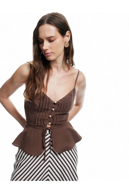 X Selected by Melis Ağazat - Düğmeli İnce Askılı Crop Keten Karışımlı Peplum Bluz
