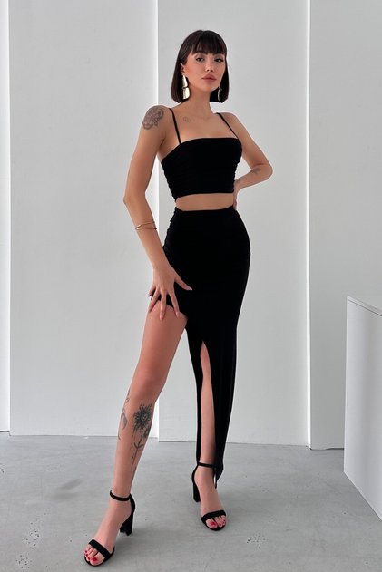 Sandy Fabric Draped Strap Crop and High Waist Slit Skirt Two-Piece Set