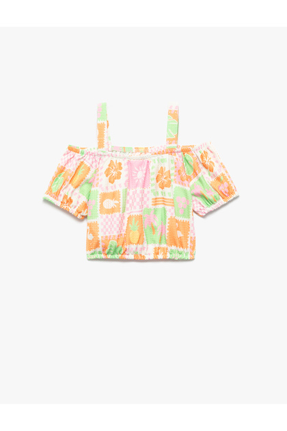 Floral Short Balloon Sleeve T-Shirt with Strap