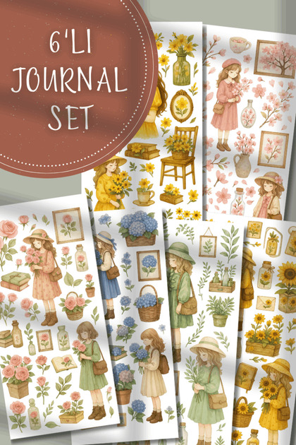 Çiçekler ve Kızlar Temalı Sticker Seti 6'lı Bullet Journal ve Ajanda İçin
