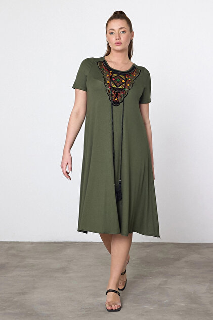 bacc Khaki Embroidered Knitted Viscose Dress- Trendyol