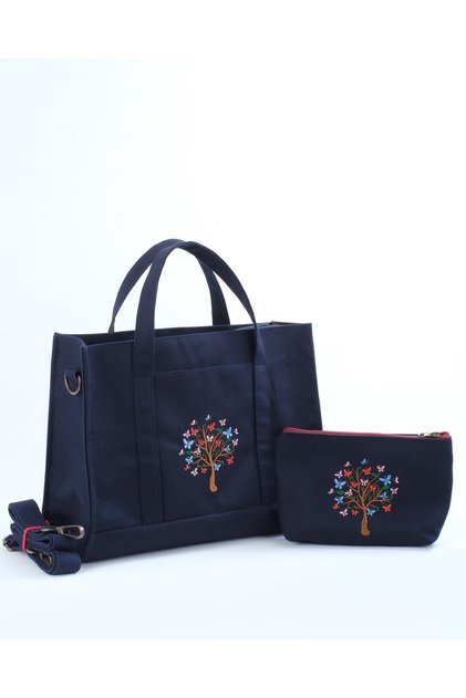 Butikmutik-Büyük Boy Kelebek AĞACI Nakışlı Lacivert Mumlu Kanvas TAKIM (Çanta ve Cüzdan)