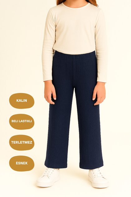 Elastic Waist Indigo Girls' Sweatpants - Comfortable Wide Leg Thick Fabric 7-8-9-10-11-12-13-14 Years Old