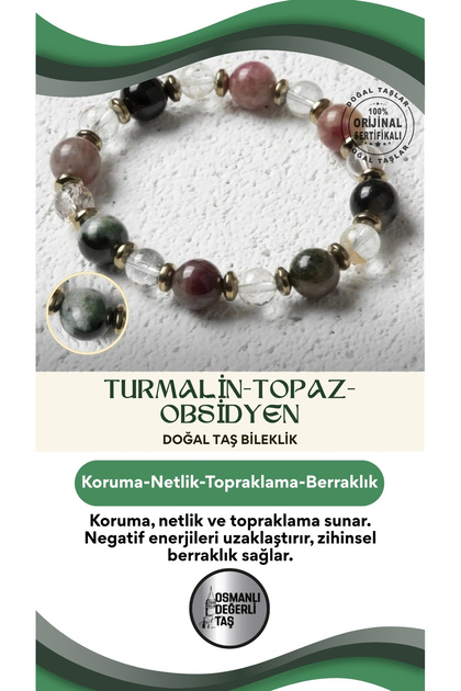 Ottoman Value Preservative Energy – Certified Natural Tourmaline, Topaz and Obsidian Stone Bracelet