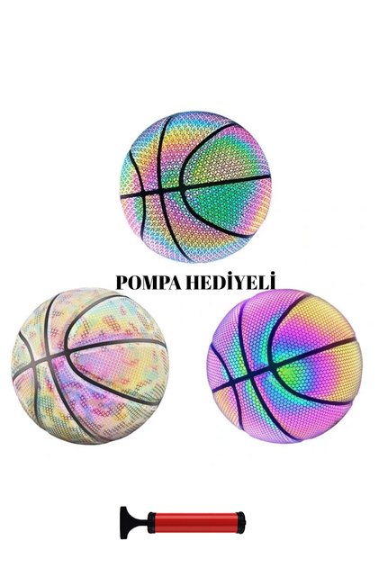 Renkli Holografik Yansıtıcı Basketbol Topu Pu Orijinal Deri - 640 gram Pompa Hediyeli