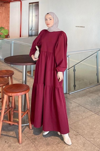 Balloon Sleeve Layered Summer Dress Burgundy