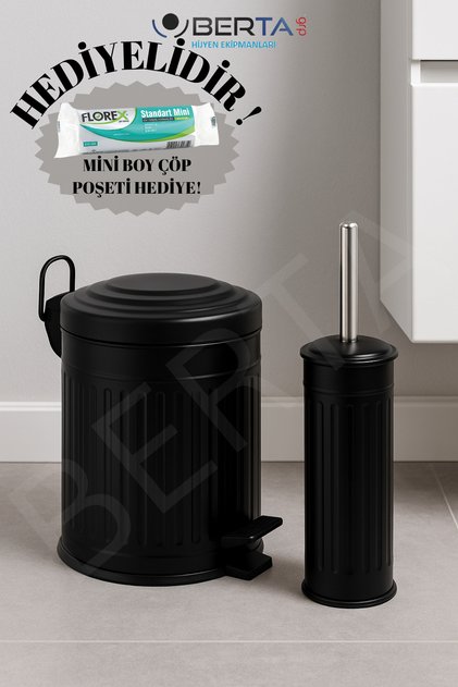 Vintage Banyo Seti Siyah Çöp Kovası 5lt Tuvalet Fırçası Lüks Model - Mini Boy Çöp Poşeti Hediyelidir