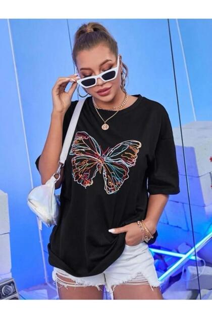 Butterfly Printed Oversize Black T-shirt