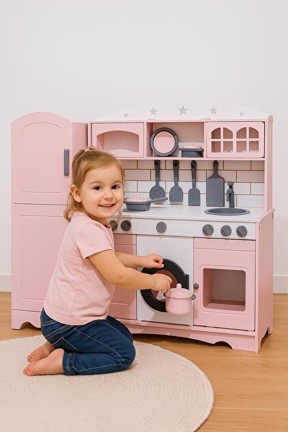 Özka Hobi Ahşap Özka Hobi Pembe Buzdolaplı 7 Adet Mutfak Seti