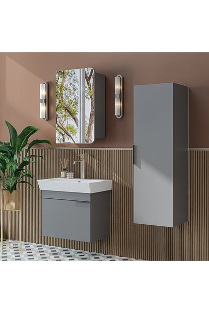 Likya Mdflam Kapaklı Lavabolu 60 Cm Banyo Alt Dolabı + Banyo Üst Dolabı + Banyo Boy Dolabı