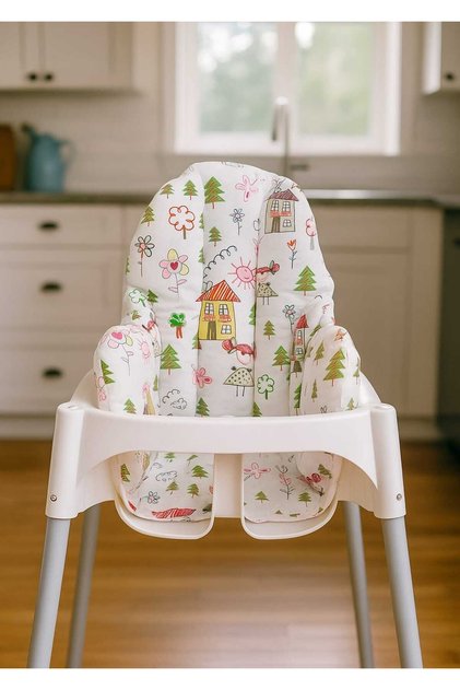 %100 Pamuklu Bebek Çocuk Mama Sandalyesi Minderi Tatlı Çizimler (SADECE MİNDER)