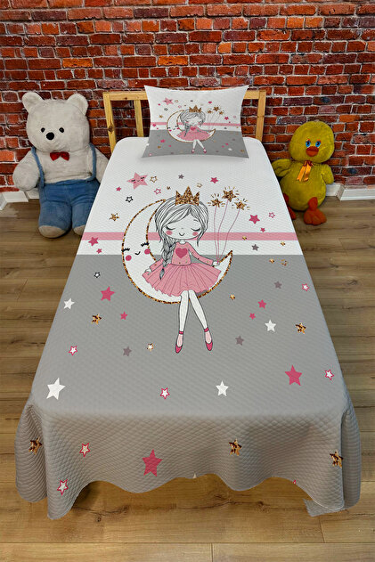Gray Striped Ayda Girl's Digital Printed Quilt Pink Set