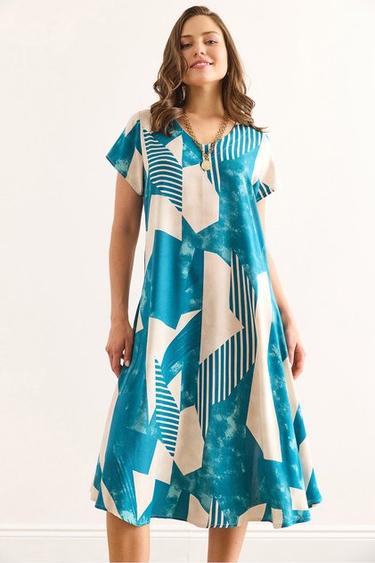 Women's Geometric Blue V Neck Patterned Woven Viscose Midi Bell Dress Elb-19002443