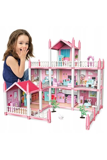 Căsuță de păpuși DreamVilla KinderVibe cu 3 etaje, 9 camere, 2 terase, accesorii