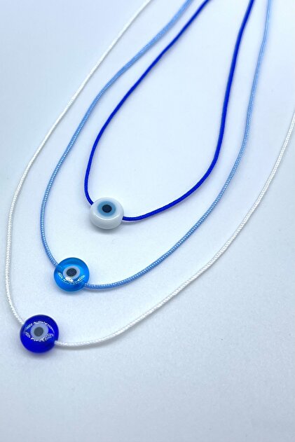 Minimal Glass Evil Eye Beaded White Blue Navy Blue Summer Rope Necklace (3 Pieces)