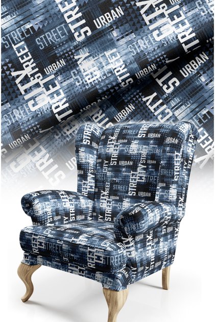 Modern Sofa Fabric with Dark Blue Written Digital Print. Cotton Lining Seating Fabric