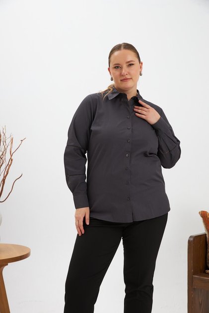 Large Size Shirt with Crochet Sleeve Detail Anthracite