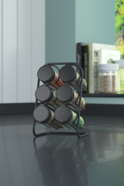 Teknotel Metal 6-Piece Salt and Spice Container Stand with 6 Glass Spice Containers Matte Black Mg028