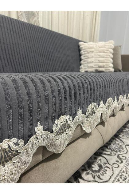 Dantelli Çizgili Süngerli Kadife Kaymaz Çekyat Koltuk Örtüsü 170 x 210