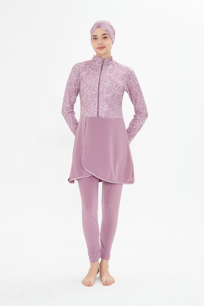 Full Covered Lycra Patterned Skirted Hijab Swimsuit Pink 3483-P