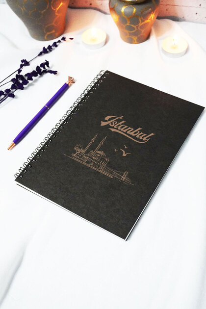 A5 Istanbul Black Kraft Cover Unlined Notebook - 60 Sheets (120 Pages) 15X21 cm - School Notebook