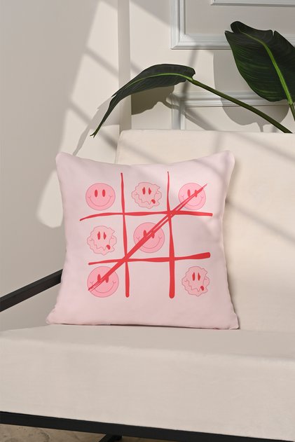 Happy Wins Tiktaktoe Smiley Patterned Throw Pillow Cover – 43X43Cm