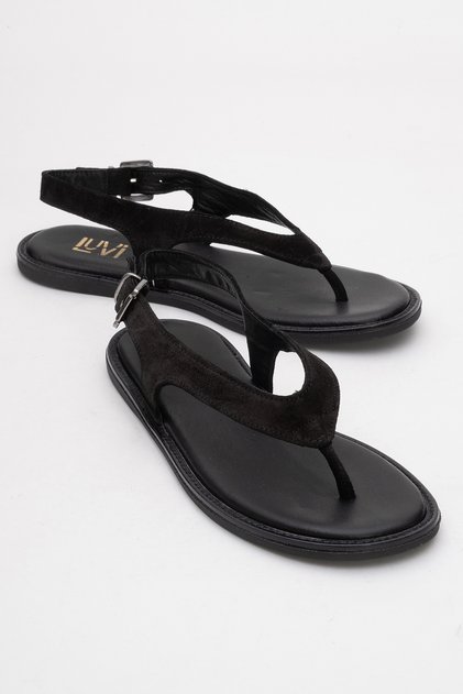 Belinda Black Suede Genuine Leather Women's Flip Flops Sandals