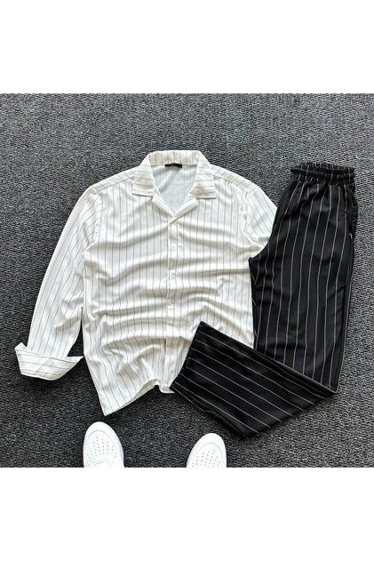 Crepe Fabric Striped Shirt Pants Set