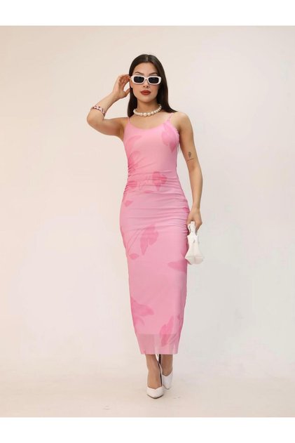 Zr Model Pembe Çiçek Desenli Askılı Midi Elbise