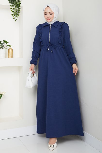 Navy Blue Dress with Zipper Ruffle Detail