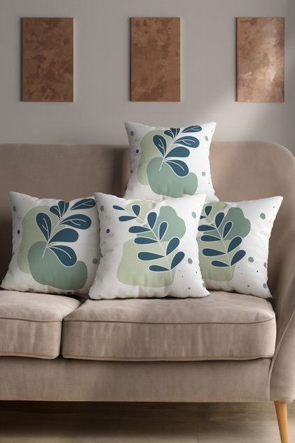 Bohemian Boho Themed Green and White Colored Decorative Gift 4-Piece Sofa Cushion - Throw Pillow Cover Set