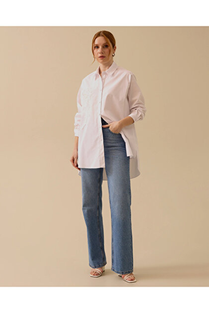 Çiçek İşlemeli Oversize Gömlek Tunik