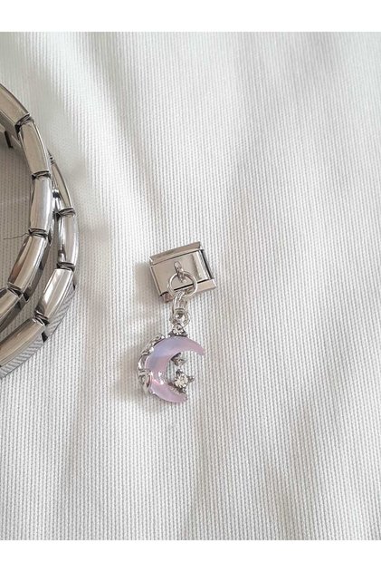 Steel Italian Charm with Hologram Moon Figure