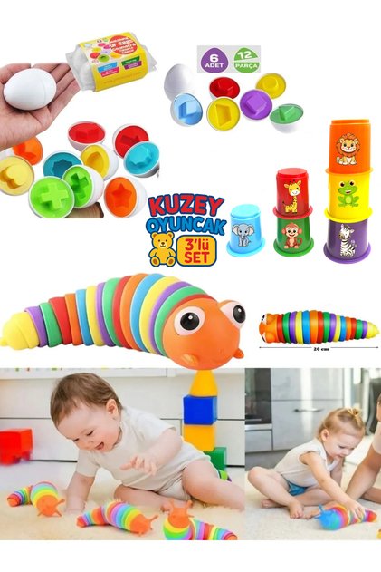 3’lü Eğitici Oyuncak Seti | Geometrik Yumurtalar + Sevimli Bardaklar + Renkli Sök Tak Tırtıl