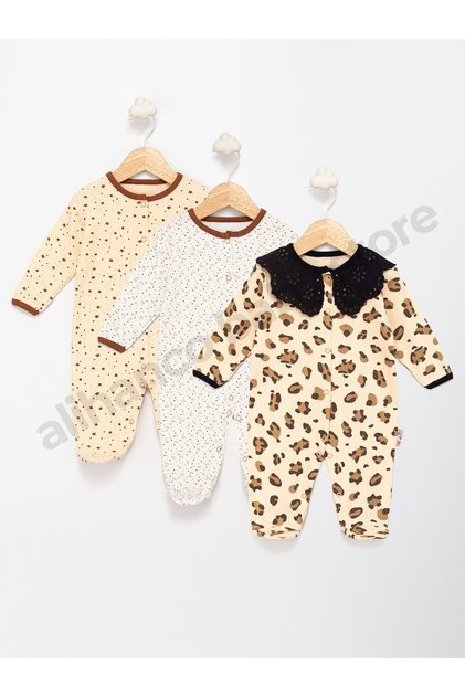 100% Cotton Collar Detailed 3-Piece Booties Baby Jumpsuit