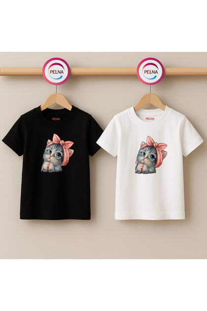 Children's Printed T-Shirt Black-White (2 Pieces) Crew Neck