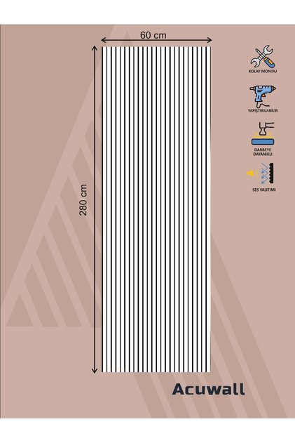 Akustik Duvar Paneli-Vega Serisi-60cm*280cm-Beyaz-3mm Keçe+6mm Ahşap Çıta