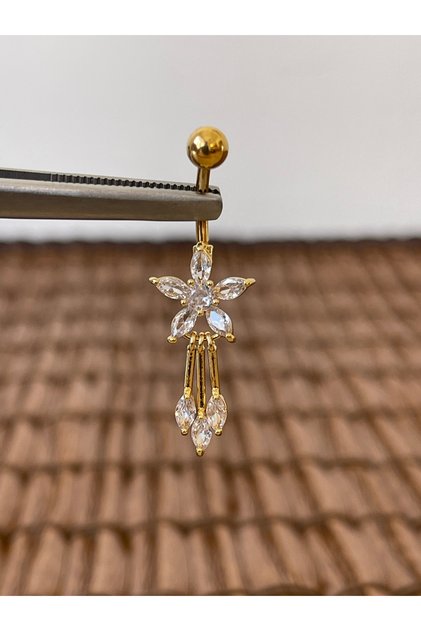 316 L Cerrahi Çelik Anti Alerjik 10 mm Zirkon Taşlı Sallantılı Çiçek Model Göbek Piercingi