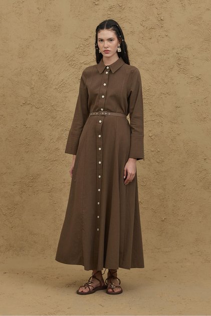 Linen Shirt Dress Light Brown