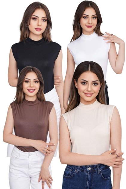 Kadın 4'lü Sıfır Kol Kolsuz Body VİSKON Boğazlı Body 4 Adet Balıkçı Siyah-Beyaz-kahverengi-bej